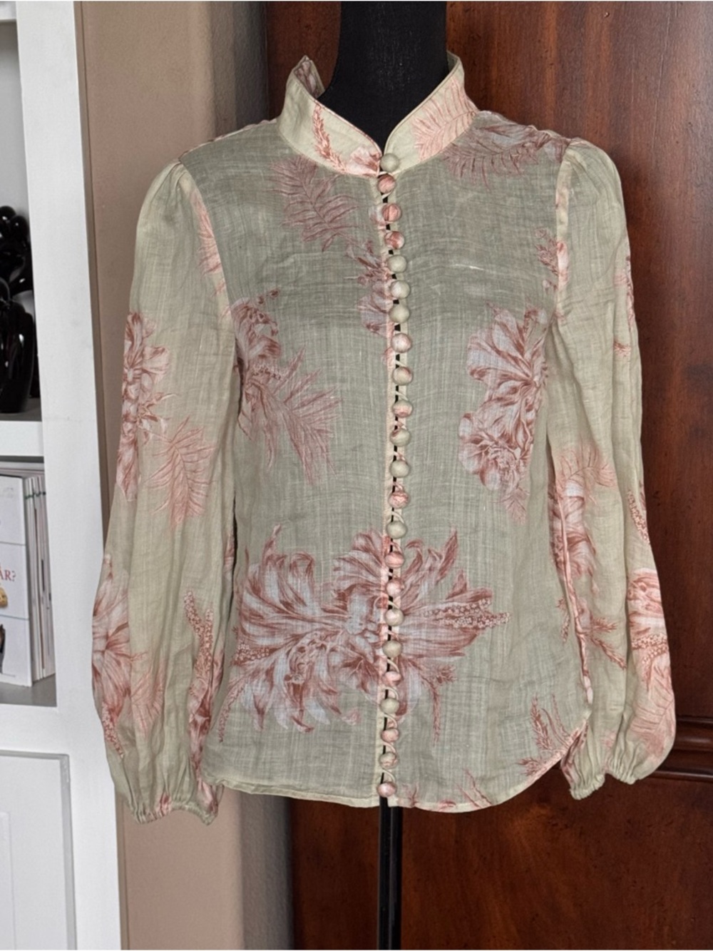Zimmermann Sage‎ Green & Blush Floral Mandarin-Collar Blouse
